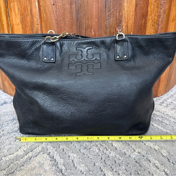 Tory Burch Tote Handbag Shoulder Bag Black Pebbled Leather Read F - Picture 2 of 14